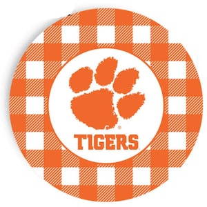 May include: Round orange and white gingham design with a white circle in the center. The circle features an orange paw print and the word "TIGERS" in orange block letters.
