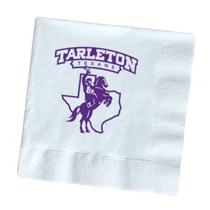 May include: White paper napkin with a purple graphic of a rider on a horse inside the outline of Texas, with the text "Tarleton Texans" above. The napkin has a ribbed border.