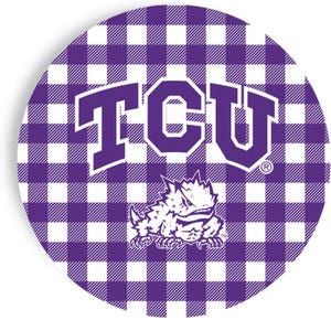 May include: Round coaster with a purple and white gingham pattern. The center features the letters "TCU" in purple, with a horned frog mascot below. The design is a collegiate theme.