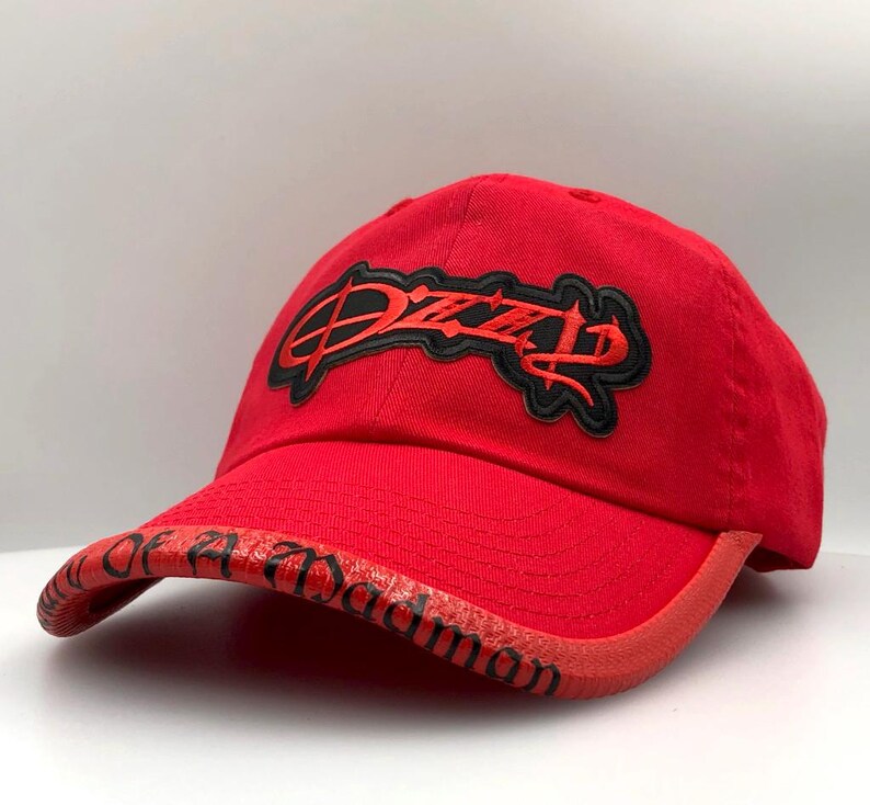 May include: A red baseball cap with the word "Dizzz" in black script outlined in black on the front. The brim has the words "Of A Damon" in black script. The cap is made of a soft material.