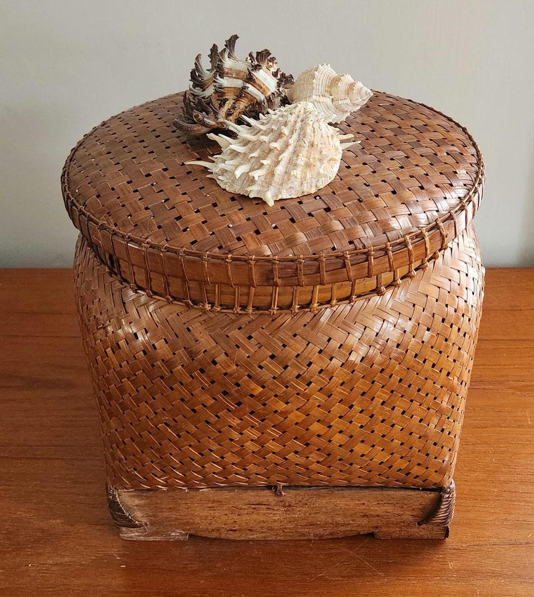 Antique Asian Rice Basket | Woven Rattan Covered Box With Wooden Base ...