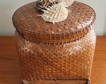 Antique Asian Rice Basket | Woven Rattan Covered Box with Wooden Base | Handwoven Bamboo Storage | Boho Chic Folk Art | Removable Shells