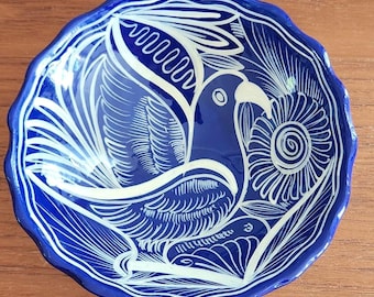 Vintage Hand-Painted Talavera Bowl | Cobalt Blue Bird Folk Art (5" Wide)