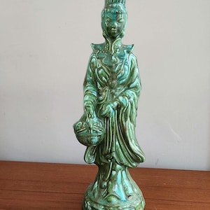Mid-Century Chinosoire Asian Female Figurine |  Green and Turquoise Drip Glaze | 14 inches