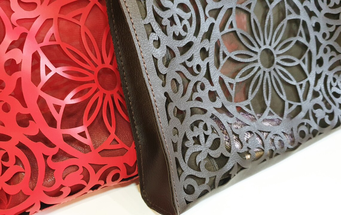 Vintage Leather Bag, Laser Cut, Transparent Mandala Ornament, Handbag