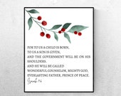 Isaiah 9:6 Christmas Printable Wall Art, Bible Verse Card Download, Winter Bible Verse Digital Print, 11x14, 8x10, 16x20