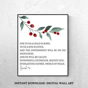 Arte de parede para impressão de Natal de Isaías 9:6, download de cartão de versículo bíblico, impressão digital de versículo bíblico de inverno, 11x14, 8x10, 16x20