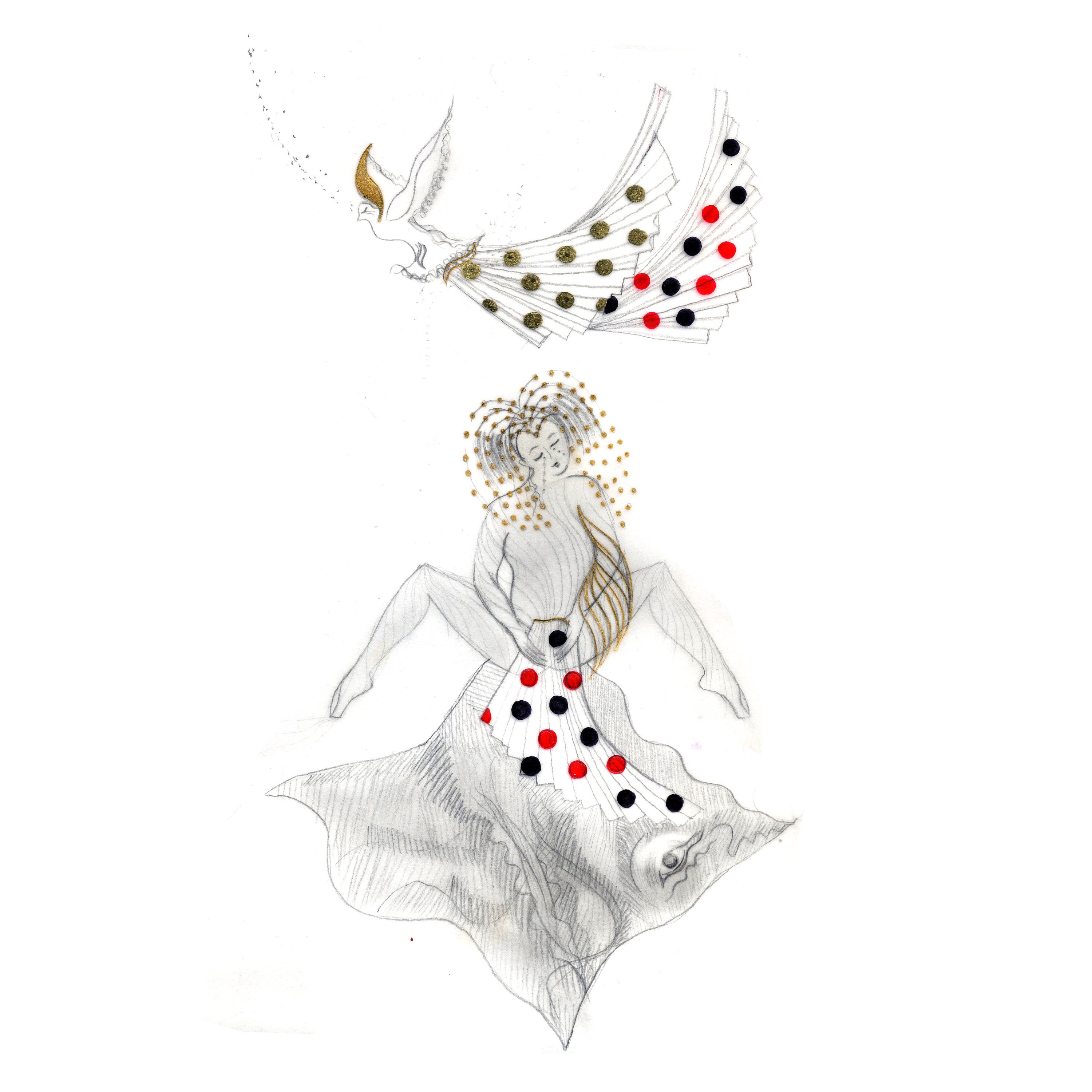 Tableau Au Crayon et à L'encre Danseuse Éventails Pois Or Rouge Noir Série Ballet La Colombe d'or