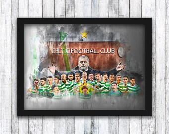 Celtic - Scottish Premier League Champions 21/22 - Celtic Park - Ange Postecoglou / Jota / Kyogo Furuhashi - Wall Art - Framed / A4 / A3