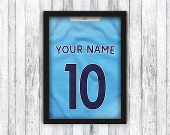 Custom Football Shirt Print - Manchester City FC - Your Name & Number - Football Shirt / De Bruyne / Aguero / Etihad - Framed / A4 / A3