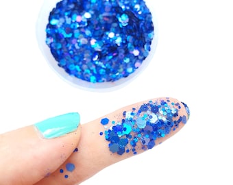 May include: A container of blue glitter with various shapes and sizes. A finger is shown with glitter on it. The glitter is a mix of light and dark blue hues, creating a shimmering effect. The background is white.