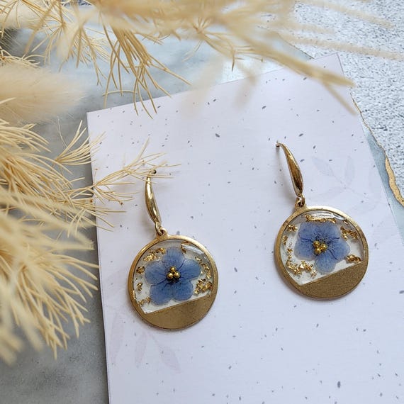 Real Forget-Me-Not Flower Earrings – Raw Brass & Resin Dangle Earrings with Gold Flakes | Handmade Botanical Jewelry Gift for Her
