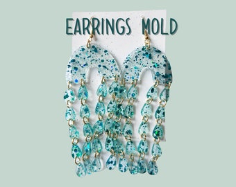 Könnte beinhalten: Ein Paar türkisblaue Harzohrringe in Tropfenform mit goldenen Akzenten. Die Ohrringe befinden sich auf einer weißen Karte mit dem aufgedruckten Text "EARRINGS MOLD".