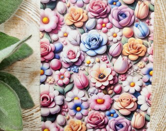 May include: A colorful floral pattern with pink, blue, yellow, and white flowers. The flowers are 3D and have a textured appearance.