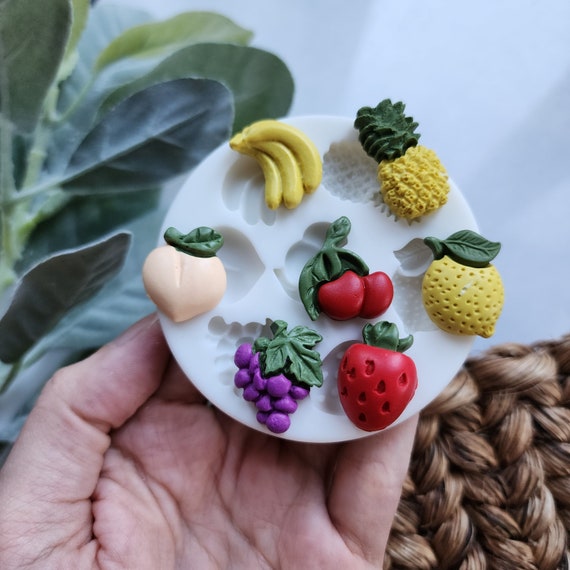 Polymer clay mold Silicone earrings mold "Fruits Banana Lemon Cherry Peach Strawberry" Summer stud mold for resin and polymer clay texture