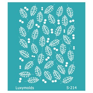 May include: White stencil on a turquoise background with a pattern of leaves and berries. The stencil is labeled "Luxymolds S-214".