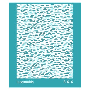 May include: A white silicone stencil with a repeating pattern of small, thin, blue lines. The stencil is for use with fondant, icing, or other edible mediums. The text "Luxymolds S-616" is printed in the bottom right corner.
