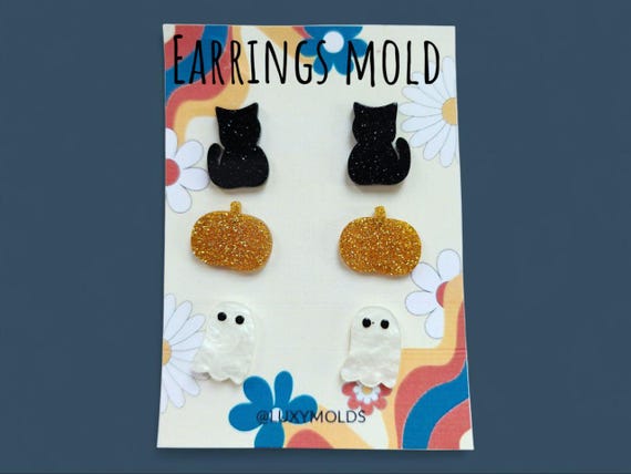 Silicone earrings mold / Silicone epoxy mold / Silicone UV resin molds / Halloween Cat Pumpkin Ghost stud earrings silicone jewelry mold