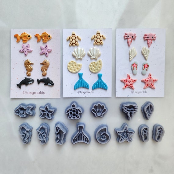 Polymer Clay cutters set 14 pcs for stud earrings "Fish, shell, sea star, seahorse, fin, turtle, whale" sharp clay cutter Summer cutters