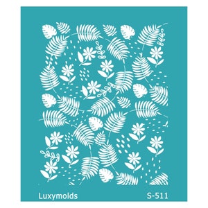 Könnte beinhalten: Eine weiße Schablone auf türkisfarbenem Hintergrund mit einem Design aus Blättern und Blumen. Die Schablone ist mit "Luxymolds S-511" beschriftet.