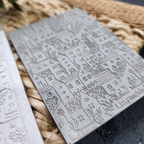 Polymer clay Texture tile Texture mat Clay stamp Polymer clay texture stencils "Houses tree" Christmas design clay texture Rubber mat T-277