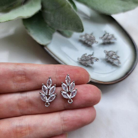 Cubic zirconia stud earrings parts "Leaf" Crystal Earrings components findings DIY Rhinestone Jewelry supplies Earrings gold plated parts