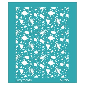 Op de afbeelding: Een witte stencil met een terrazzo-patroon en bladeren op een turquoise achtergrond. De stencil is gelabeld "Luxymolds" en "S-295".