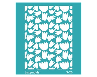 May include: White stencil with a repeating pattern of abstract shapes on a turquoise background. The stencil is labelled "Luxymolds S-26".