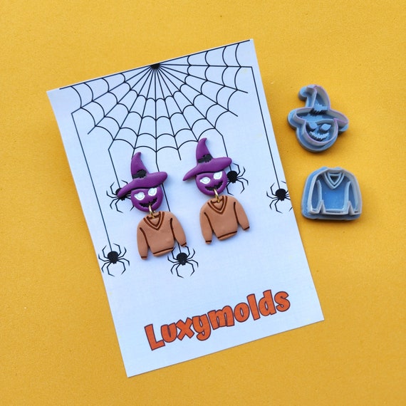 2 pcs set Halloween Polymer Clay cutters Stud earring clay cutters Earrings molds Polymer clay tool Sweater Witch pumpkin sharp cutter stamp