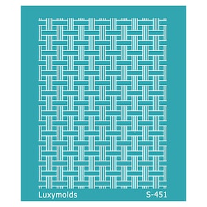 May include: A white stencil with a woven pattern on a teal background. The stencil is labeled "Luxymolds S-451".