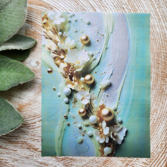 Clay transfer paper / Image transfer paper / Water soluble paper for polymer clay/Green gold acrylic paint 3D flowers pattern transfer sheet