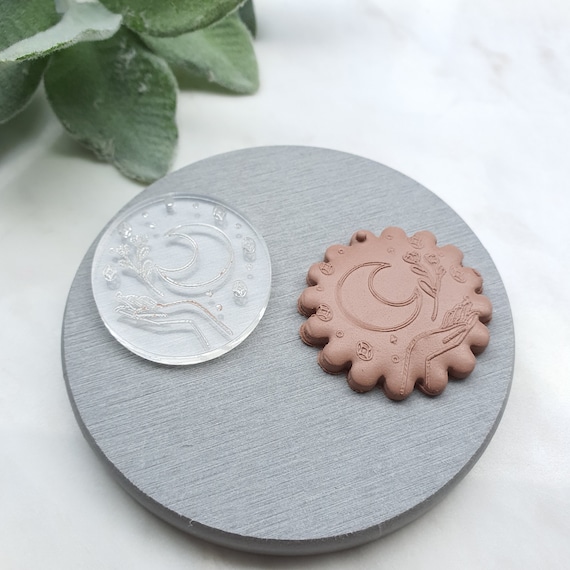 Embossing stamp for polymer clay Floral texture plate "Moon, hand" debossing stamp Acrylic stamps