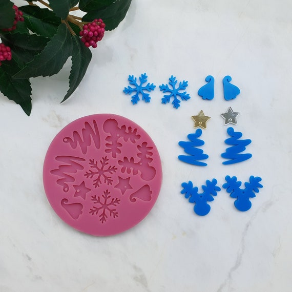 Silicone earrings mold "Christmas" for resin and epoxy mould for jewelry "Christmas tree, Reindeer, Snowflake" for 4 pairs earrings