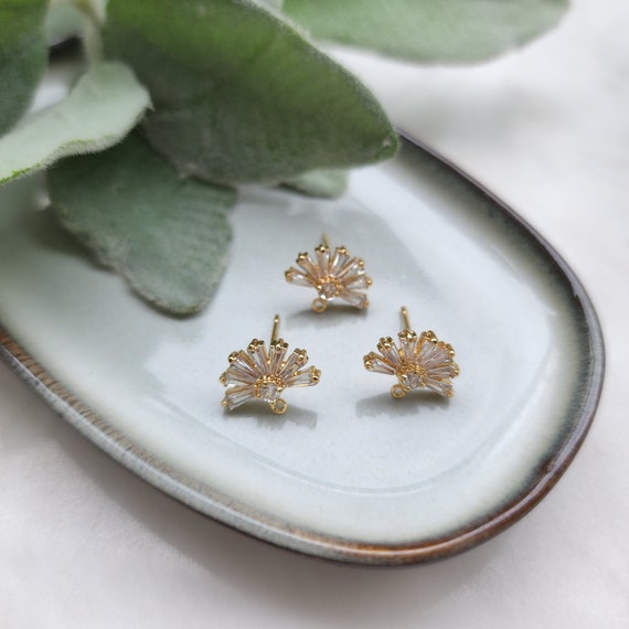 Cubic zirconia stud earrings parts "Fan" Crystal Earrings components findings DIY Rhinestone Jewelry supplies Earrings gold plated parts