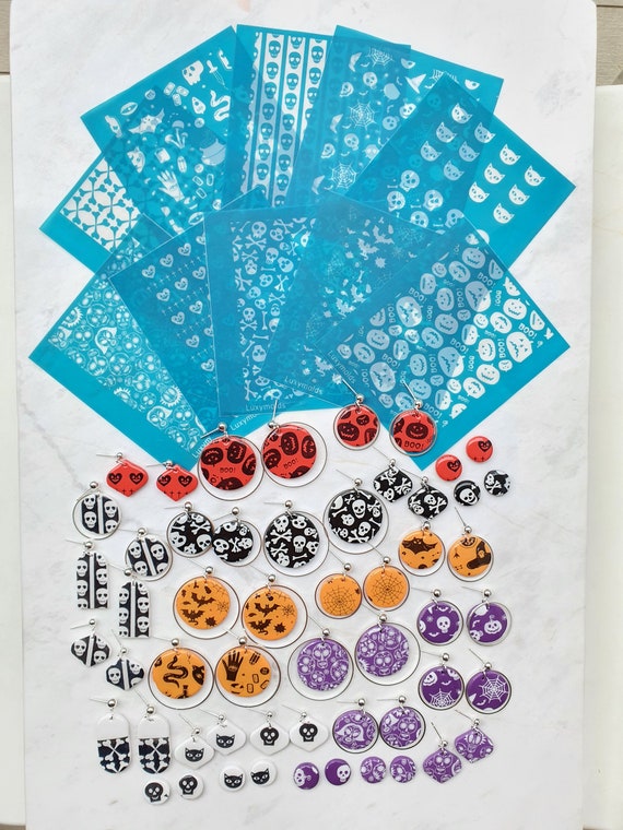 10 pcs set Silk screens stencils for polymer clay "Luxymolds" for Halloween earrings