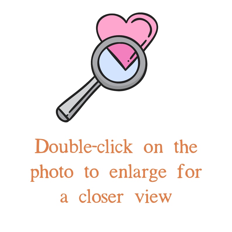 Puede incluir: Un coraz&oacute;n rosa con una lupa, con el texto "Haz doble clic en la foto para ampliarla y verla m&aacute;s de cerca". El coraz&oacute;n tiene un dise&ntilde;o rosa y blanco. La lupa tiene un mango plateado y una lente transparente.