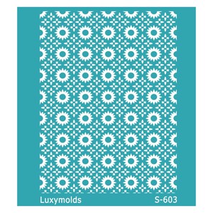 May include: A white stencil with a repeating pattern of small white flowers and larger white sun-like shapes on a teal background. The stencil is labeled "Luxymolds S-603".