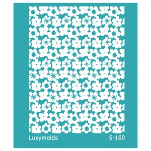 May include: A teal blue stencil with a white floral pattern. The stencil has the text "Luxymolds" and "S-160" printed on it.