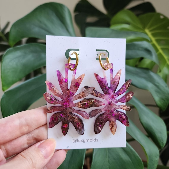 Handmade Resin Floral Earrings – One of a Kind – Stainless Steel Hooks – Chunky Glitter, Gold Flakes, Original Design–Botanical Jewelry Gift