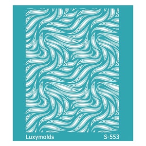 May include: A white stencil with a repeating pattern of wavy lines on a teal background. The stencil is labeled "Luxymolds" and "S-553".