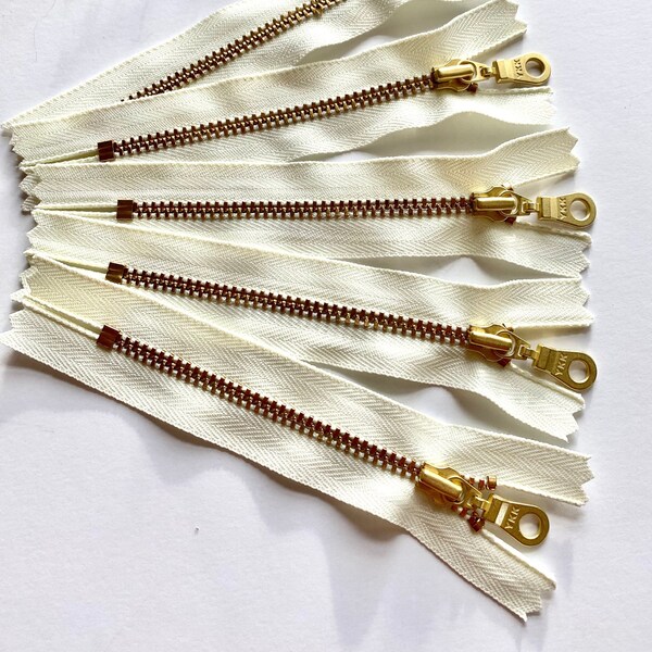 YKK #4.5 Natural Gold Brass Metal Zippers in Antique White with Wide Donut Pull 5 Pieces 4 Inches