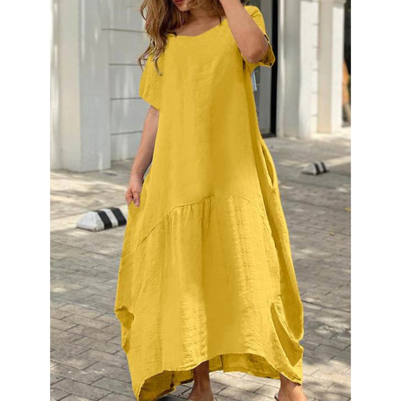 Solid Color Cotton Dress Women O Neck Loose Irregular Boho - Etsy