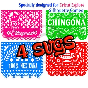 Puede incluir: Cuatro pancartas de papel recortadas de colores vivos con diseños tradicionales mexicanos. Las pancartas muestran el texto "Chingona" y "100% Mexicana".