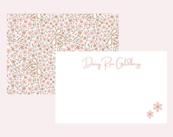 Papelería personalizada con flores ditsy y lazo (papelería para ella, papelería para niñas, floral ruborizado)