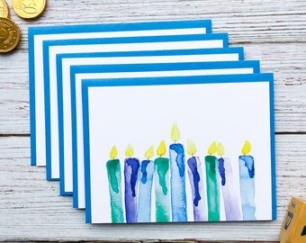 Hanukkah Greeting Card Pack: Menorah {Stationary Card Set, Folded cards, Blank, Holiday, Watercolor, Candles}