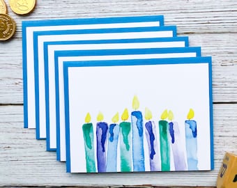 Hanukkah Greeting Card Pack: Menorah {Stationary Card Set, Folded cards, Blank, Holiday, Watercolor, Candles}