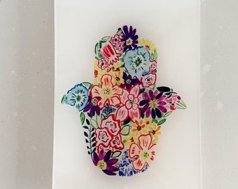 Floral Hamsa Trinket Tray, Fused Glass Catch All Tray