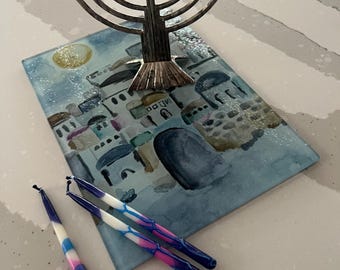 Bandeja de goteo para la Menorá de Janucá, acuarela de Jerusalén, vidrio templado