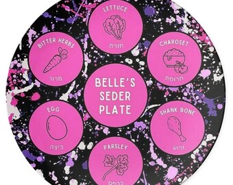 Plato de Séder personalizado: pintura salpicada de color rosa y morado (Pésaj)