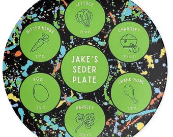 Plato de Séder personalizado: pintura salpicada de azul y verde (Pésaj)